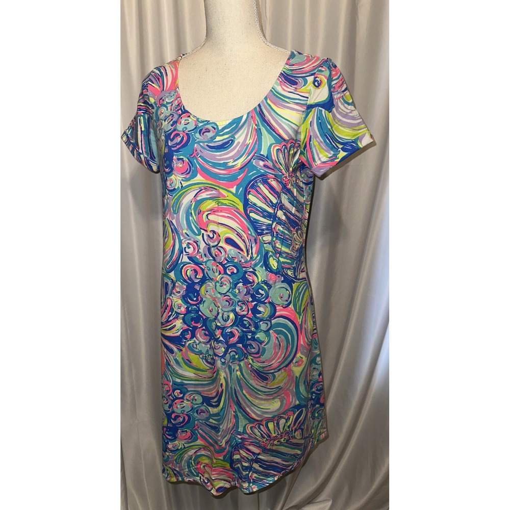 Lilly Pulitzer T-shirt Dress Size Medium Blue Pink Bright Short Sleeve Pullover
